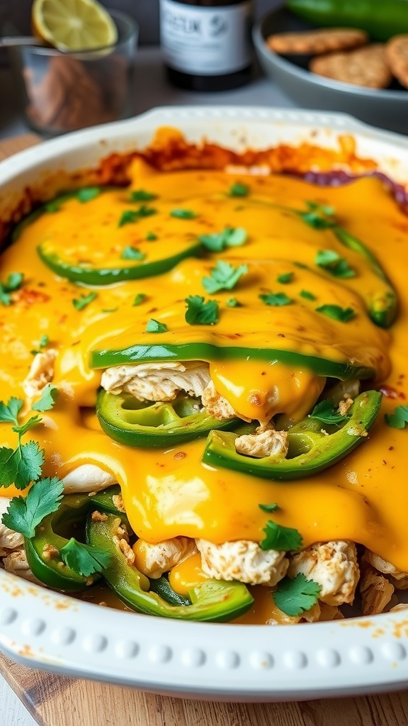 Baked 8-layer chicken poblano casserole with cheese, chicken, and poblano peppers in a rustic baking dish.